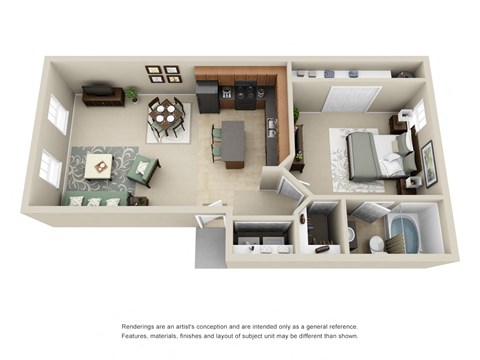 Floor plan for 1 bed, 1 bath, 704 sqft